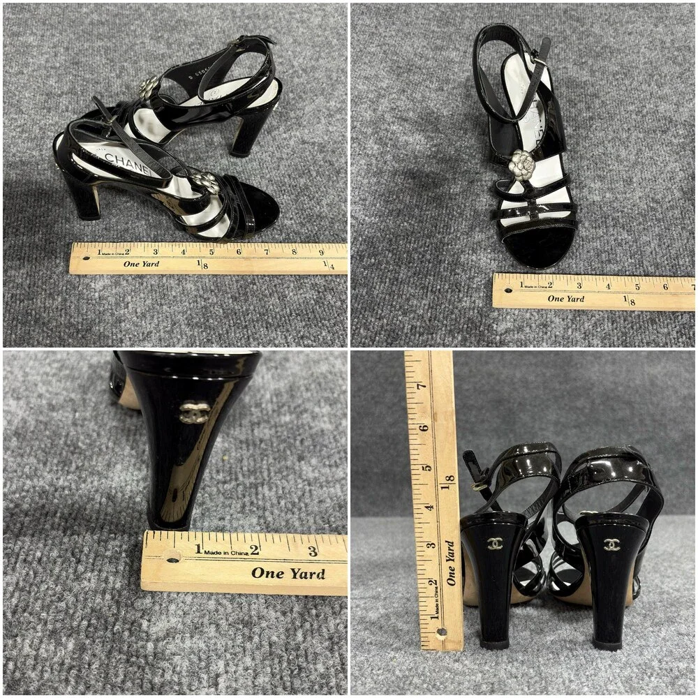 Chanel Sandals Womens 6 36 Black Patent Camellia Flower Logo Italy Heel Strappy